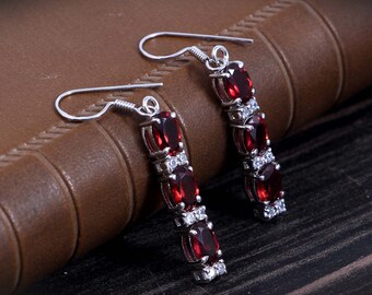 Garnet Earrings,Garnet Dangle Earrings,Statement Earrings,January Birthstone Earrings,Stylish Anniversary Gift for Her,925 Sterling Silver