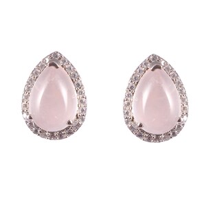 May include: A pair of teardrop-shaped stud earrings. Each earring features a pale pink gemstone center, surrounded by a halo of small, clear stones set in a silver-colored metal. The earrings are displayed against a white background.