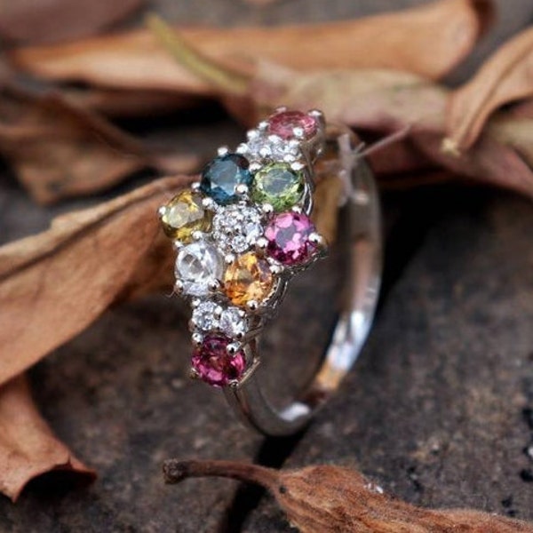 Anillo de turmalina natural, anillo Art Déco, anillo de racimo delicado, plata de ley 925, anillo de piedras preciosas multicolor, anillo de declaración, regalar a su mamá