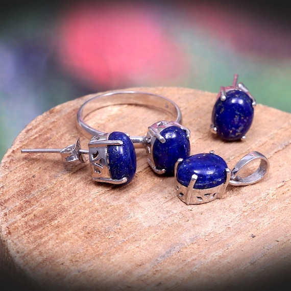Lapis Lazuli Ring Earrings Pendant Jewelry Set,Simple Dainty Jewelry,Minimalist Boho Jewelry,Bridesmaid Gift for Women,925 Sterling Silver