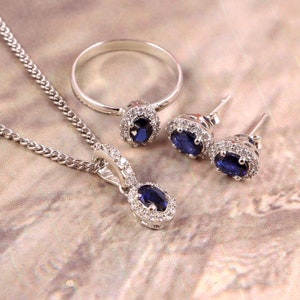 Blue Sapphire Ring Earrings Pendant Necklace, Delicate Statement Jewelry Set, Halo Cluster Jewelry,  925 Sterling Silver, Gift Her Women Mom