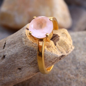 Natural Rose Quartz Ring, Dainty Stacking Ring, 18k Gold Plated Silver, Delicate Simple Ring, Promise Ring, Anniversary Gift for Women Her