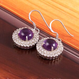 Amethyst Dangle Earrings, Halo Statement Earrings, Art Deco Earrings, 925 Sterling Silver, February Birthstone, Bridal Earrings, Gift Women