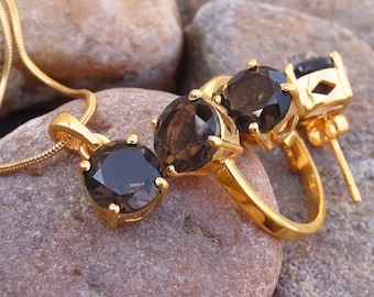 Natural Smoky Quartz Ring Earrings Pendant Jewelry Set, Statement Jewelry Set, Bridal Jewelry, 18k Gold Plated Silver, Gift for Women Her