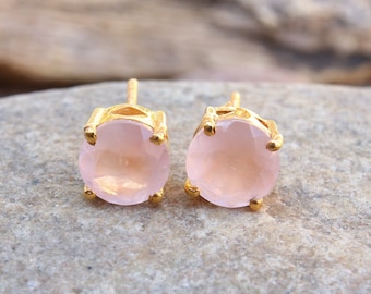 Natural Rose Quartz Earrings, Stud Earrings, 18k Gold Plated Silver, Delicate Tiny Earrings, Everyday Earrings, Handmade Simple Earrings