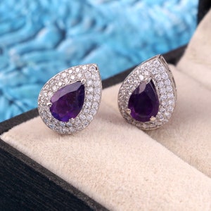 Amethyst Stud Earrings, Delicate Halo Earrings, Pear Statement Earrings, February Birthstone, Bridal Wedding Jewelry, 925 Sterling Silver