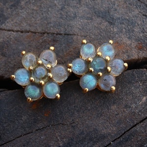 Labradorite Earrings, Flower Stud Earrings, 18k Gold Plated Silver, Art Deco Earrings, Botanical Earrings, Delicate Earrings, Healing Stone