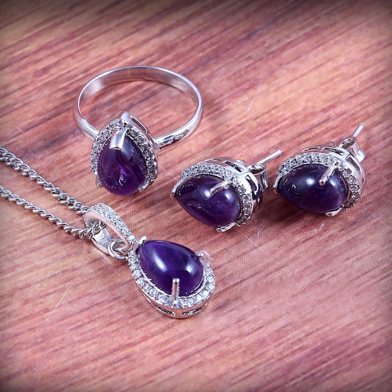 Amethyst Ring Earrings Pendant Necklace, Halo Bridal Jewelry Set
