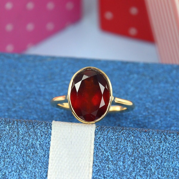 Natural Hessonite Garnet Ring, Dainty Stacking Ring, Bezel Set Ring, 18k Gold Plated Silver, Delicate Statement Ring, Oval Handmade Ring