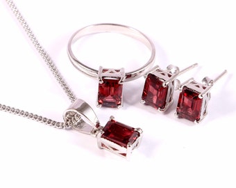 Collar colgante de pendientes de anillo granate, conjunto de joyas delicadas, plata de ley 925, joyería de declaración delicada, regalo para sus mujeres, joyería simple