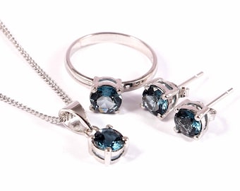 Collar colgante de pendientes de anillo de topacio azul de Londres, conjunto de joyas delicadas, joyas de declaración delicada, plata de ley 925, conjunto de joyas a juego