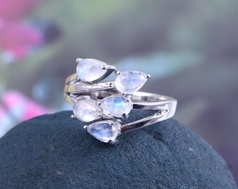 Rainbow Moonstone Ring, Art Deco Ring, Twig Ring, Cluster Ring, 925 Sterling Silver, Promise Ring, Statement Ring, June Birthstone Ring