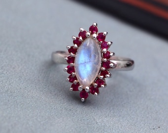 Rainbow Moonstone Ruby Ring,Marquise Cluster Ring,Art Deco Halo Ring,Cocktail Statement Ring,Vintage Boho Ring,925 Sterling Silver,Gift Her
