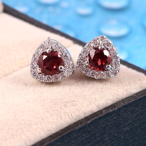 Garnet Stud Earrings, Halo Statement Earrings, Tiny Art Deco Earrings, 925 Sterling Silver, Delicate Handmade Earrings, Gift for Her Women