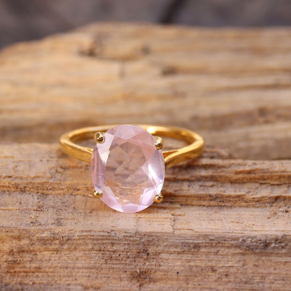 Natural Rose Quartz Ring, Delicate Solitaire Ring, Dainty Stacking Ring, 18k Gold Plated Silver, Alternative Engagement Ring, Promise Ring