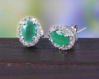 Natural Emerald Earrings, Emerald Stud Earrings, Halo Dainty Earrings, Statement Earrings, 925 Sterling Silver, May Birthstone, Gift for Her