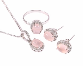 Anillo de cuarzo rosa, pendientes, collar y colgante, conjunto de joyas llamativas, plata de ley 925, joyería art déco a juego, regalo de cumpleaños para ella.
