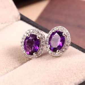 Amethyst Earrings, Stud Earrings, Halo Statement Earrings, February Birthstone, Art Deco Earrings, 925 Sterling Silver, Bridal Jewelry Women