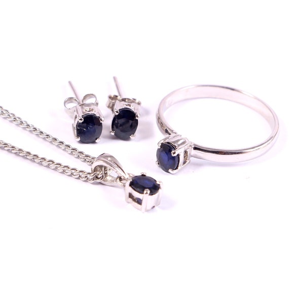 Blue Sapphire Ring Earrings Pendant Necklace, Dainty Minimalist Jewelry Set, Delicate Statement Jewelry, 925 Sterling Silver, Gift Her Women
