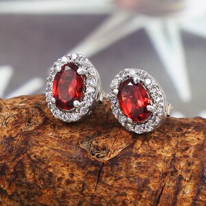 Garnet Stud Earrings, Dainty Earrings, Halo Delicate Earrings, 925 Sterling Silver, January Birthstone, Statement Earrings, Gift Her Women
