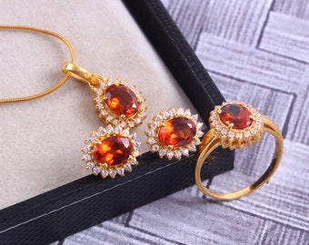 Hessonite Garnet Ring Oorbellen Hanger Sieraden Set, Delicate Statement Sieraden, Halo Art Deco Sieraden, 18k Verguld Sterling Zilver,