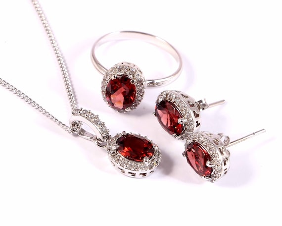 Garnet Ring Earrings Pendant Necklace, Statement Jewelry Set, Halo