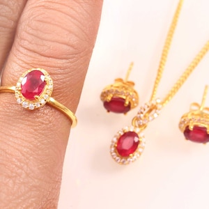 Natural Ruby Ring Earrings Pendant Necklace, 18k Gold Plated Silver, Delicate Statement Jewelry Set, July Birthstone, Halo Dainty Jewelry