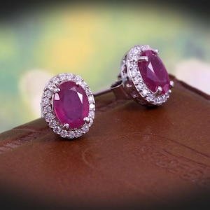 Natural Pink Ruby Earrings, Stud Earrings, Halo Cluster Earrings, Dainty Earrings, Bridesmaid Earrings, Boho Earrings, 925 Sterling Silver