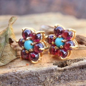 Garnet Turquoise Earrings, Stud Earrings, Flower Botanical Earrings, 18k Gold Plated Silver, Cluster Earrings, Art Deco Earrings, Gift Women