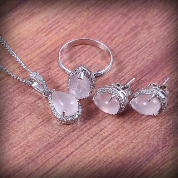 Rose Quartz Ring Earrings Pendant Necklace, Pear Statement Jewelry Set, Bridal Jewelry, 925 Sterling Silver, Anniversary Gift Women Wife