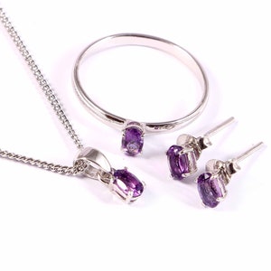 Amethyst Ring Earrings Pendant Necklace, Dainty Minimalist Jewelry Set, 925 Sterling Silver, February Birthstone, Delicate Handmade Jewelry