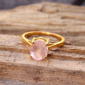Natural Rose Quartz Ring, Dainty Stacking Ring, Delicate Minimalist Ring, 18k Gold Plated Silver, Promise Ring, Anniversary Gift Her Women