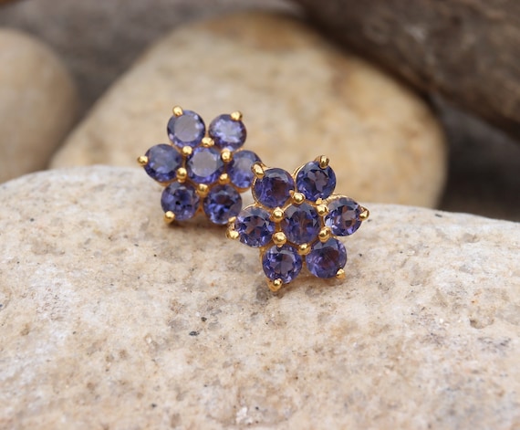 Flower Iolite Earrings, Stud Earrings, Dainty Floral Earrings, 18k