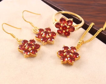Natuurlijke granaat ring oorbellen hanger ketting, 18k verguld zilver, januari geboortesteen, statement sieraden, sierlijke sieraden, delicate sieraden