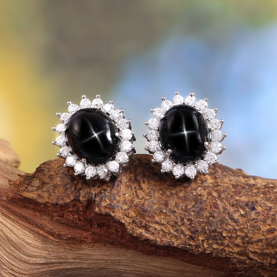 Black Star Sapphire Earrings Stud Earrings Black Diopside Earrings Halo Statement Earrings Oval Cluster Earrings 925 Sterling Silver Etsy Canada
