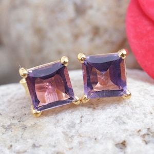 Amethyst Stud Earrings, Dainty Earrings, Delicate Minimalist Earrings, 18k Gold Plated Silver, Handmade Statement Earrings, Gift Women Her