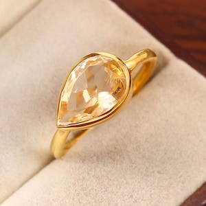Natural Citrine Ring, 18k Gold Plated Silver, East West Statement Ring, Simple Proposal Ring, Dainty Handmade Ring, Stackable Stack Ring
