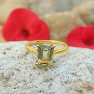 Natural Green Amethyst Ring, Dainty Stacking Ring, Emerald Cut Gemstone Ring, 18k Gold Plated Silver, Prasiolite Solitaire Ring, Simple Ring