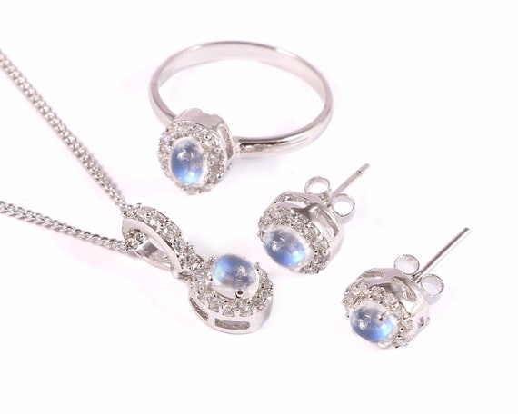 Rainbow Moonstone Ring Earrings Pendant Necklace, Dainty Art Deco Jewelry Set, Delicate Statement Jewelry, 925 Sterling Silver, Gift Women