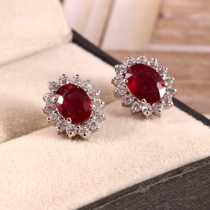 Natural Ruby Earrings, Stud Earrings, Red Ruby Earrings, Halo Statement Earrings, 925 Sterling Silver, July Birthstone, Cluster Earrings