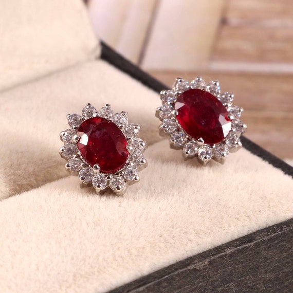 100% Natural Ruby Silver Earrings 4 Mm * 6 Mm Ruby Stud Earring Simple 925