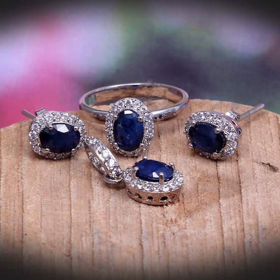 Blue Sapphire Ring Earrings Pendant Jewelry Set,Halo Cluster Jewelry,Art Deco Jewelry,Vintage Anniversary Gift for Her, 925 Sterling Silver