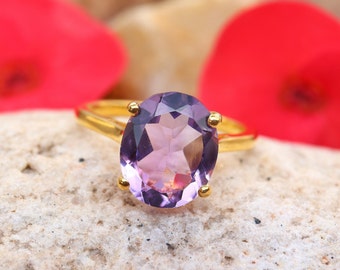 Natural Amethyst Ring, Delicate Stacking Ring, Statement Ring, 18k Gold Plated Silver, Alternative Engagement Ring, February Birthstone Ring