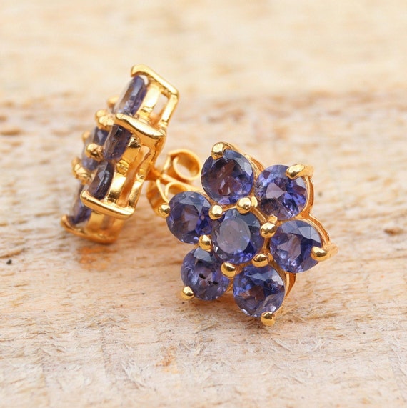 Flower Iolite Earrings, Stud Earrings, Dainty Floral Earrings, 18k