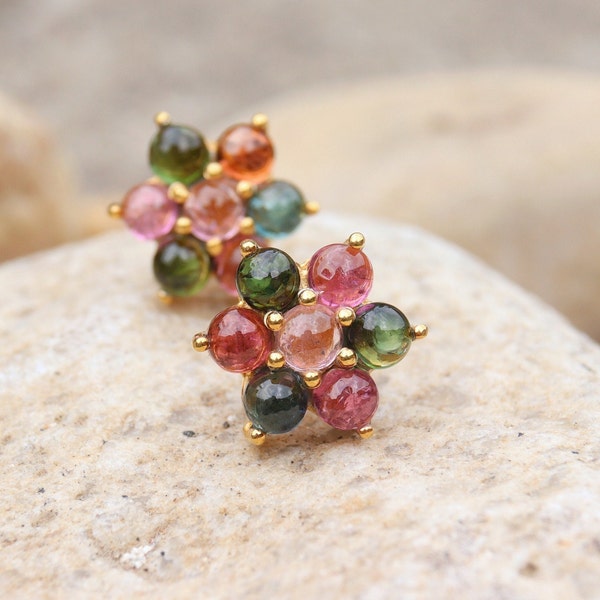 Watermelon Tourmaline Earrings, Stud Earrings, Art Deco Earrings, Cluster Statement Earrings, 925 Sterling Silver, Botenical Boho Earrings