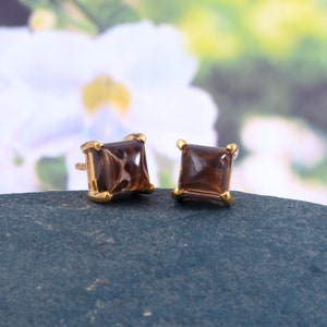 Smoky Quartz Earrings, Stud Earrings, Dainty Minimalist Earrings, 18k Gold Plated Silver, Simple Tiny Earrings, Statement Earrings for Women