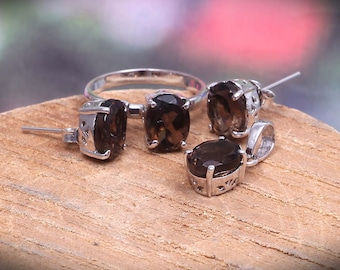 Pendientes de anillo de cuarzo ahumado conjunto de joyería colgante, joyería de topacio ahumado, joyería de declaración simple, joyería vintage delicada, plata de ley 925