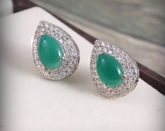 Natural Emerald Stud Earrings Halo Statement Art Deco 925 Sterling Silver Women