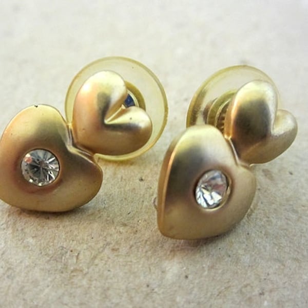 Vintage Ohrstecker Herz matt goldfarben weißer Glitzerstein  stud earrings