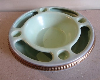 Grüner Keramikteller Kerzenteller Vintage Tischdeko Blumen 22 cm Durchmesser Kerzenhalter antik Goldrand